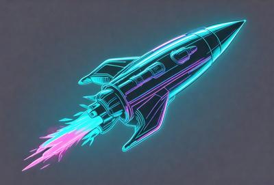 The primary subject of the image is a rocket ship, which is a futuristic spacecraft. The rocket ship is depicted in a neon-colored, digital art style, giving it a vibrant and eye-catching appearance. The setting is a dark background, which contrasts with the bright colors of the rocket ship, making it stand out even more. The visual style of the image is a combination of digital art and illustration, creating a unique and captivating representation of the rocket ship.