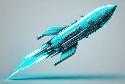 The primary subject of the image is a blue rocket ship, which is the main object, scene, or focus of the image. The setting/background features a gray surface, which provides a contrasting backdrop for the rocket. The visual style of the image is digital art, as it is a computer-generated illustration. The colors and mood of the image are predominantly blue, giving it a futuristic and space-themed appearance.