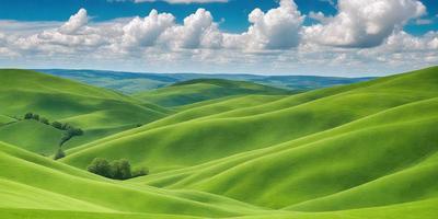 The image features a lush green field with a tree in the middle, surrounded by a beautiful landscape of rolling hills and mountains. The field is filled with grass, creating a serene and picturesque scene. The primary subject is the green field, which serves as the focal point of the image. The setting is a combination of the grassy field, the tree in the middle, and the surrounding hills and mountains, creating a visually appealing and natural environment. The visual style of the image is a photo, capturing the beauty of