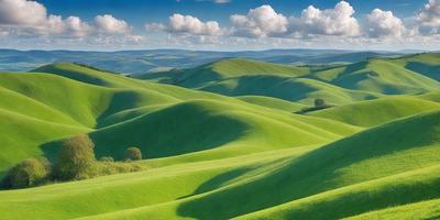 The primary subject of the image is a lush green hillside with a valley in the background. The hillside is covered in green grass, and the valley is filled with trees. The setting is a beautiful, natural landscape with a serene atmosphere. The visual style of the image is a photo, capturing the vibrant colors and intricate details of the scene.