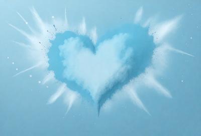 The primary subject of the image is a heart-shaped cloud made of blue and white colors. The heart is floating in a blue sky, creating a visually appealing and artistic scene. The setting is a cloudy sky, which adds to the overall atmosphere of the image. The visual style of the image is a combination of digital art and illustration, giving it a unique and creative appearance.