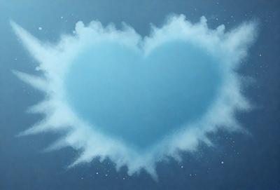 The primary subject of the image is a blue heart-shaped cloud. The setting is a blue sky, and the visual style appears to be a digital art or illustration. The heart-shaped cloud is the main focus of the image, and its blue color and heart shape create a warm and inviting atmosphere.
