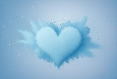 The primary subject of the image is a blue heart-shaped cloud. The setting is a blue sky, and the visual style appears to be a digital art or illustration. The heart-shaped cloud is the main focus of the image, and its blue color and heart shape create a warm and inviting atmosphere.