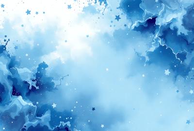 The primary subject of the image is a blue cloudy sky filled with stars. The setting is a vast, open space with a backdrop of a blue sky. The visual style is a digital art or illustration, creating a sense of depth and movement. The colors and mood are predominantly blue, with a touch of white, giving the scene a serene and peaceful atmosphere.