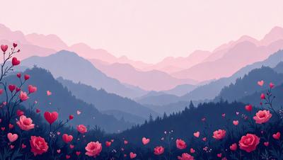 The primary subject of the image is a field of flowers, with a focus on red flowers. The setting is a mountainous landscape, with a backdrop of a mountain range. The visual style is a combination of digital art and illustration, creating a vibrant and lush atmosphere. The dominant colors are red and pink, which evoke a sense of warmth and beauty.