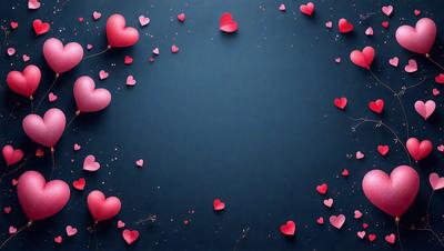 The primary subject of the image is a large number of hearts floating in the air. The hearts are scattered throughout the scene, creating a visually appealing and playful atmosphere. The setting is a dark blue background, which contrasts with the bright pink hearts. The visual style of the image is a combination of digital art and illustration, giving it a unique and creative appearance. The overall mood of the image is cheerful and lighthearted, with the hearts symbolizing love and positivity.