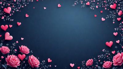 The primary subject of the image is a blue background with a circle of hearts and pink flowers. The hearts are scattered around the circle, and the flowers are placed in the center. The setting is a blue background, and the visual style is a combination of digital art and illustration. The dominant colors are blue, pink, and white, creating a calm and serene atmosphere.