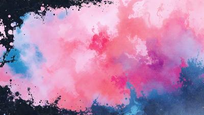 The primary subject of the image is a pink and blue painting with a lot of splashes and drips. The setting is a canvas, and the visual style is a painting. The colors and mood of the painting are vibrant and energetic, with the pink and blue hues creating a lively atmosphere.