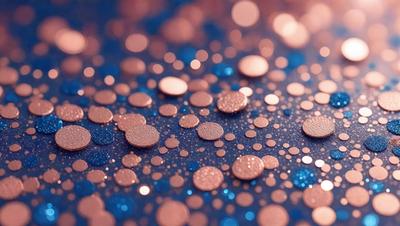The primary subject of the image is a close-up of a blue background with a pattern of glittering, shiny, and reflective circles. The setting appears to be a dark room, and the visual style is a combination of a photo and digital art. The colors and mood of the image are predominantly blue, with the glittering circles adding a touch of brightness and sparkle.
