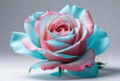 The primary subject of the image is a single, beautifully colored rose. The rose is a mix of pink and blue, creating a striking contrast. The rose is placed on a white surface, which serves as the background. The visual style of the image is a close-up of the rose, highlighting its vibrant colors and intricate details. The overall atmosphere of the image is serene and elegant, with the rose serving as the focal point.