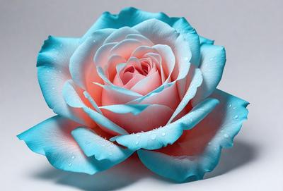 The primary subject of the image is a blue rose with a pink center. The rose is displayed against a white background, giving it a clean and elegant appearance. The visual style of the image is a close-up of the rose, showcasing its details and beauty. The dominant colors in the image are blue and pink, creating a serene and calming atmosphere.