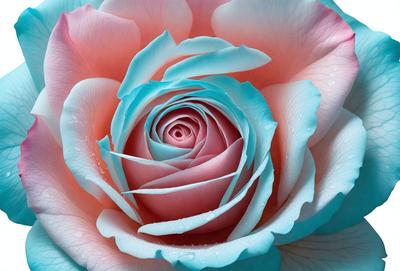 The primary subject of the image is a beautiful pink rose with blue accents. The rose is the focal point of the image, and it is displayed against a blue background. The visual style of the image is a close-up of the rose, showcasing its intricate details. The colors and mood of the image are predominantly pink and blue, creating a serene and elegant atmosphere.