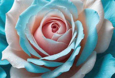 The primary subject of the image is a single pink rose with blue petals. The rose is the focal point of the scene, and it is set against a blue background. The visual style of the image is a close-up of the rose, showcasing its details and beauty. The colors and mood of the image are predominantly pink and blue, creating a serene and elegant atmosphere.