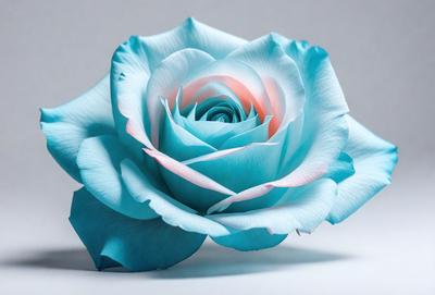 The primary subject of the image is a blue rose. The setting is a white background, which provides a clean and minimalistic appearance. The visual style is a digital art, as the rose is depicted in a stylized and detailed manner. The dominant colors are blue and white, creating a calm and serene atmosphere.
