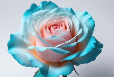 The primary subject of the image is a single blue rose. The setting is a white background, which provides a clean and minimalistic look. The visual style is a close-up of the rose, showcasing its details and beauty. The dominant colors are blue and white, creating a calm and serene atmosphere.