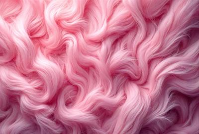 The primary subject of the image is a close-up of a pink, curly, and fluffy hair. The setting is a pink background, which adds to the overall visual style. The image is a photo, showcasing the natural texture and color of the hair. The dominant colors are pink and white, creating a soft and feminine atmosphere.