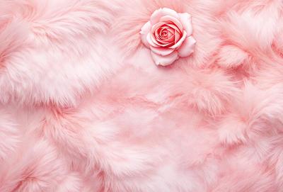 The primary subject of the image is a pink rose, which is placed on top of a pink background. The setting appears to be a pink fur, giving the scene a soft and delicate atmosphere. The visual style of the image is a close-up of the rose, emphasizing its details and beauty. The colors and mood of the image are predominantly pink, creating a warm and inviting ambiance.