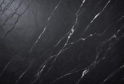 The primary subject of the image is a black marble wall with a pattern of white veins. The setting is a dark room, and the visual style is a close-up of the marble wall. The colors and mood of the image are predominantly dark, with the black marble and white veins creating a striking contrast.