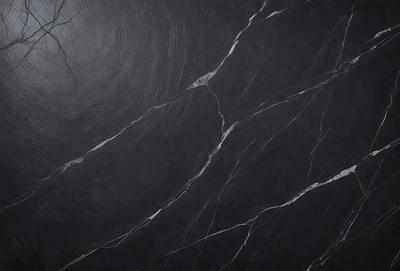 The primary subject of the image is a black marble wall with a pattern of white veins. The setting is a dark room, and the visual style is a close-up of the marble wall. The colors and mood of the image are predominantly dark, with the black marble and white veins creating a striking contrast.
