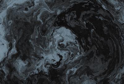 The primary subject of the image is a close-up of a black and blue marbled surface, which appears to be a swirling pattern. The setting is a dark room, and the visual style is a close-up of the marbled surface. The colors and mood of the image are predominantly dark and moody, with the swirling pattern adding a sense of depth and intrigue to the scene.