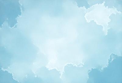 The primary subject of the image is a cloudy blue sky. The setting is a vast, open space with no visible landmarks or objects. The visual style is a combination of photo and digital art, creating a realistic yet artistic representation of the sky. The colors and mood are predominantly blue, conveying a sense of calmness and tranquility.