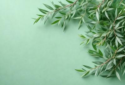 The primary subject of the image is a green leafy plant, possibly a tree or a bush, with a few leaves visible. The plant is placed on a green background, which creates a natural and serene atmosphere. The visual style of the image is a close-up of the plant, showcasing its details and texture. The colors in the image are predominantly green, which adds to the overall mood of the scene.