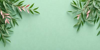 The primary subject of the image is a green wall with two pink leaves attached to it. The leaves are placed at the top left and top right corners of the wall. The setting is a green wall, and the visual style appears to be a photo. The colors and mood of the image are predominantly green and natural, with the pink leaves adding a touch of color and warmth to the scene.