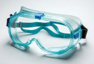 The primary subject of the image is a pair of blue safety goggles. The goggles are placed on a white surface, which serves as the background. The visual style of the image is a close-up of the goggles, showcasing their design and color. The colors and mood of the image are predominantly blue, giving the goggles a cool and professional appearance.