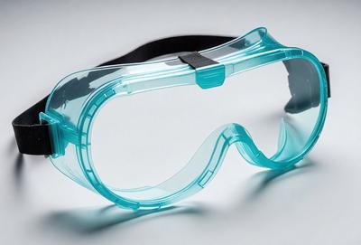 The primary subject of the image is a pair of clear plastic safety goggles. The goggles are placed on a white surface, which serves as the setting or background. The visual style of the image is a close-up of the goggles, showcasing their design and details. The colors and mood of the image are predominantly white, giving it a clean and minimalist appearance.