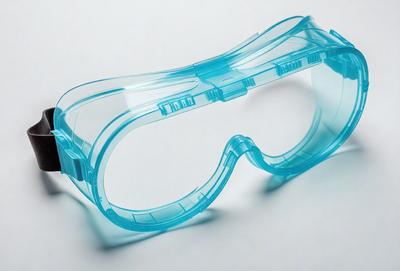 The primary subject of the image is a pair of blue safety goggles. The goggles are placed on a white surface, which serves as the setting or background. The visual style of the image is a close-up of the goggles, showcasing their design and color. The colors and mood of the image are predominantly blue, giving the goggles a clean and professional appearance.