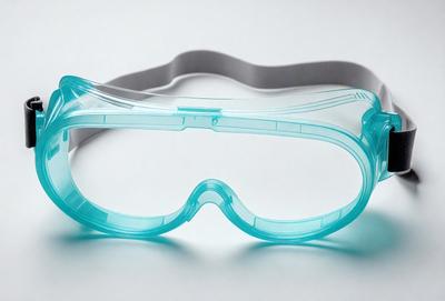 The primary subject of the image is a pair of clear plastic safety goggles. The goggles are placed on a white surface, which serves as the setting or background. The visual style of the image is a close-up of the goggles, showcasing their design and clarity. The colors and mood of the image are predominantly white and clear, giving the impression of a clean and uncluttered environment.