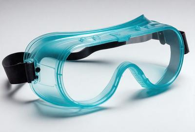 The primary subject of the image is a pair of blue safety goggles. The goggles are placed on a white surface, which serves as the background. The visual style of the image is a close-up of the goggles, showcasing their design and color. The colors and mood of the image are predominantly blue, giving the goggles a clean and professional appearance.