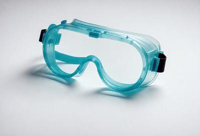 The primary subject of the image is a pair of blue safety goggles. The goggles are placed on a white surface, which serves as the setting or background. The visual style of the image is a close-up of the goggles, showcasing their design and color. The colors and mood of the image are predominantly blue, giving the goggles a clean and professional appearance.
