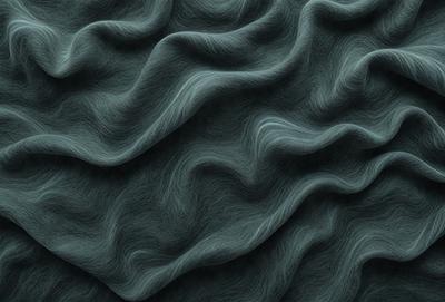 The primary subject of the image is a blue, wavy fabric with a pattern of waves. The setting is a dark background, which contrasts with the blue fabric. The visual style is a digital art or illustration, creating a unique and artistic representation of the fabric. The colors and mood of the image are predominantly dark and moody, with the blue fabric providing a sense of depth and intrigue.