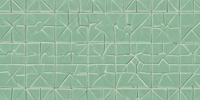 The image features a green tiled wall with a pattern of triangles. The tiles are arranged in a way that creates a visually interesting and unique design. The primary subject of the image is the green tiled wall, which serves as the main focus of the scene. The setting is indoors, likely in a room with a tiled floor. The visual style of the image is a combination of digital art and illustration, as the triangular pattern is created through the arrangement of the tiles. The colors and mood of