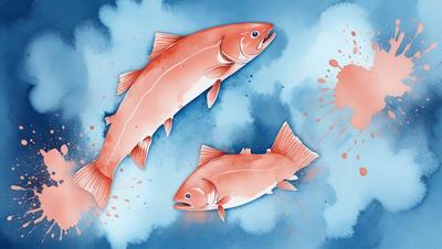 The primary subject of the image is a pair of red fish, one larger and one smaller, floating in a blue and white ocean. The setting is a cloudy sky, which serves as the backdrop for the fish. The visual style of the image is a combination of digital art and illustration, creating a vibrant and dynamic scene. The dominant colors in the image are red, blue, and white, giving the scene a lively and energetic atmosphere.