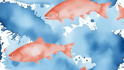 The primary subject of the image is a large orange fish, which is the main focus of the scene. The fish is swimming in a body of water, which serves as the setting. The visual style of the image is a combination of digital art and illustration, creating a vibrant and dynamic scene. The dominant colors in the image are orange and blue, which contribute to the overall mood of the scene.