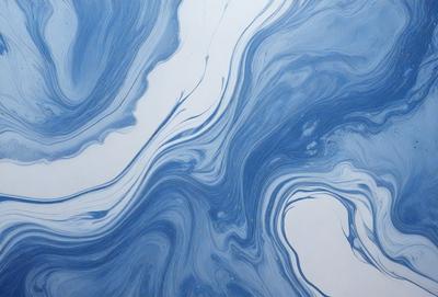 The primary subject of the image is a blue and white painting of a wave. The setting is a white wall, and the visual style appears to be a digital art or illustration. The dominant colors in the painting are blue and white, creating a calming and serene atmosphere.