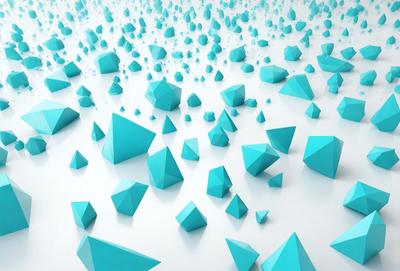 The primary subject of the image is a large number of blue triangles, which are the main objects in the scene. The setting is a white background, which provides a clean and uncluttered environment for the triangles. The visual style of the image is digital art, as the triangles are arranged in a pattern that gives the impression of a 3D space. The dominant colors in the image are blue and white, creating a calm and serene atmosphere.