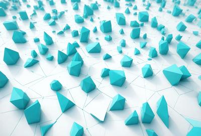 The primary subject of the image is a large number of blue geometric shapes, such as triangles and cubes, arranged on a white surface. The setting appears to be a white background, which contrasts with the blue shapes. The visual style of the image is a combination of digital art and illustration, as the shapes are intricately placed and detailed. The dominant colors in the image are blue and white, creating a calm and visually appealing atmosphere.