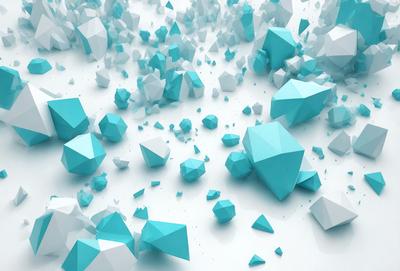 The primary subject of the image is a collection of blue and white geometric shapes, which are floating in a white background. The visual style of the image is digital art, as it appears to be a computer-generated or digitally rendered scene. The dominant colors in the image are blue and white, creating a calm and serene atmosphere.