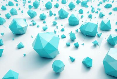 The primary subject of the image is a collection of blue geometric shapes, including cubes and triangles, floating in a white background. The visual style of the image is digital art, as it appears to be a computer-generated or digitally manipulated scene. The dominant colors in the image are blue and white, creating a calm and serene atmosphere.