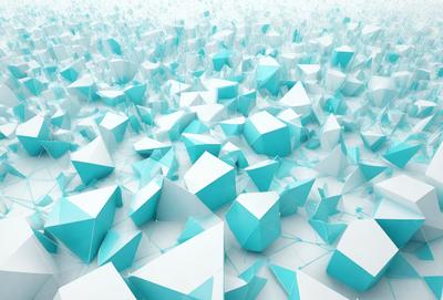 The primary subject of the image is a large number of blue and white geometric shapes, which are arranged in a dense and intricate pattern. The setting is a white background, which provides a clean and minimalist appearance to the shapes. The visual style is a combination of digital art and illustration, as the shapes are created using a computer program or software. The dominant colors are blue and white, which create a sense of calmness and order in the scene.