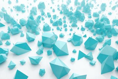The primary subject of the image is a collection of blue geometric shapes, which are floating in a white background. The shapes are arranged in various positions, creating a visually interesting and dynamic scene. The visual style of the image is digital art, as it appears to be a computer-generated or digitally manipulated composition. The dominant colors in the image are blue and white, giving it a clean and modern appearance. The overall atmosphere of the image is one of creativity and innovation, as the geometric shapes are the main focus and the white