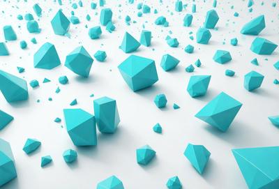 The primary subject of the image is a collection of blue geometric shapes, which are scattered across a white background. The shapes are arranged in various positions, creating a visually interesting and dynamic scene. The visual style of the image is a combination of digital art and illustration, with the blue geometric shapes being the main focus of the composition. The overall atmosphere of the image is bright, vibrant, and engaging, with the blue geometric shapes serving as the primary subject and the white background providing a clean and uncluttered backdrop.