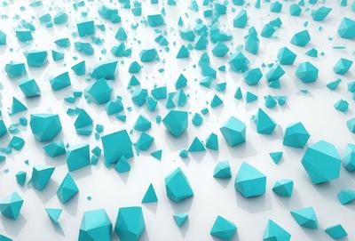 The primary subject of the image is a large number of blue and white geometric shapes, which are scattered throughout the scene. The setting is a white background, which provides a clean and minimalist appearance. The visual style is digital art, as the shapes are created using computer-generated graphics. The dominant colors in the image are blue and white, giving the scene a calm and soothing atmosphere.