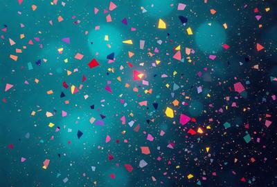 The primary subject of the image is a colorful, swirling pattern of shapes and colors. The setting is a dark blue background, which contrasts with the vibrant colors of the pattern. The visual style appears to be a combination of digital art and illustration, creating a dynamic and lively atmosphere. The dominant colors are a mix of blue, purple, pink, yellow, and orange, which together create a sense of excitement and energy.