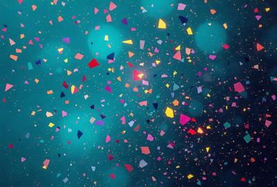 The primary subject of the image is a colorful, swirling pattern of shapes and colors. The setting is a dark blue background, which contrasts with the vibrant colors of the pattern. The visual style appears to be a combination of digital art and illustration, creating a dynamic and lively atmosphere. The dominant colors are a mix of blue, purple, pink, yellow, and orange, which together create a sense of excitement and energy.