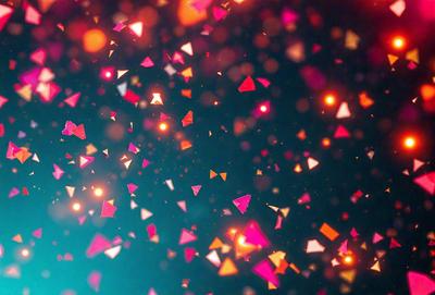 The primary subject of the image is a colorful, pink and orange background with a pattern of red triangles. The setting appears to be a dark background, possibly a night sky. The visual style of the image is a combination of digital art and illustration, creating a vibrant and lively atmosphere. The dominant colors in the image are pink, orange, and red, which contribute to the overall mood of the scene.
