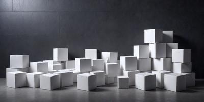 The primary subject of the image is a large stack of white boxes. The setting is a dark room, which creates a moody atmosphere. The visual style is a photo, and the colors are predominantly white, giving the scene a clean and minimalist appearance.